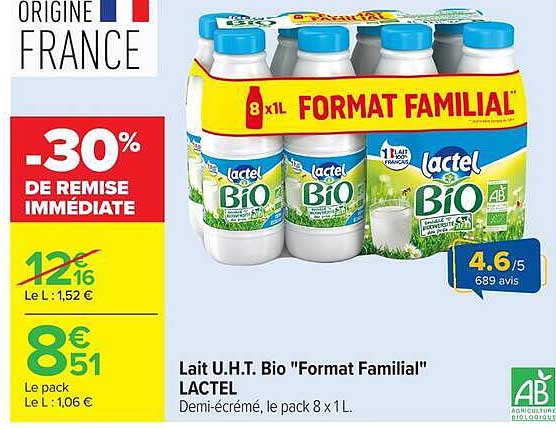 Lait U.H.T. Bio "Format Familial" LACTEL