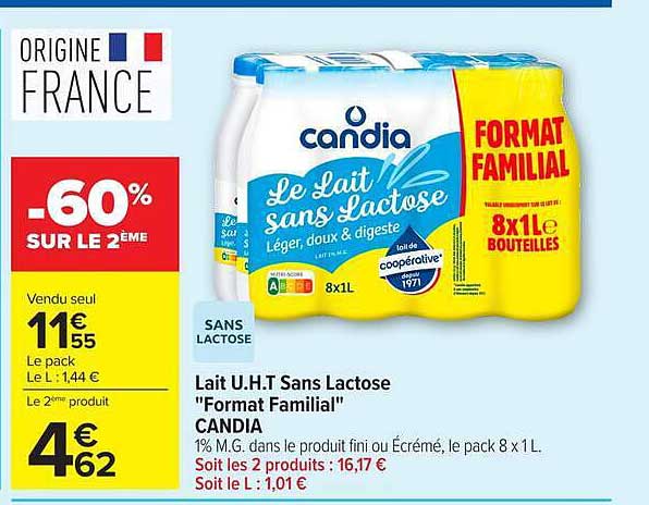Lait U.H.T Sans Lactose "Format Familial" CANDIA