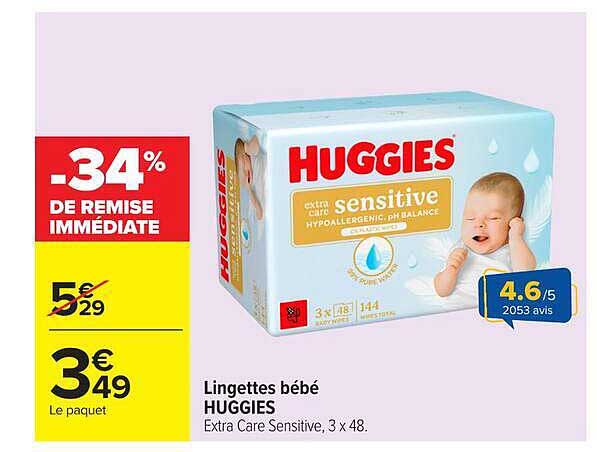 Lingettes bébé HUGGIES Extra Care Sensitive, 3 x 48.