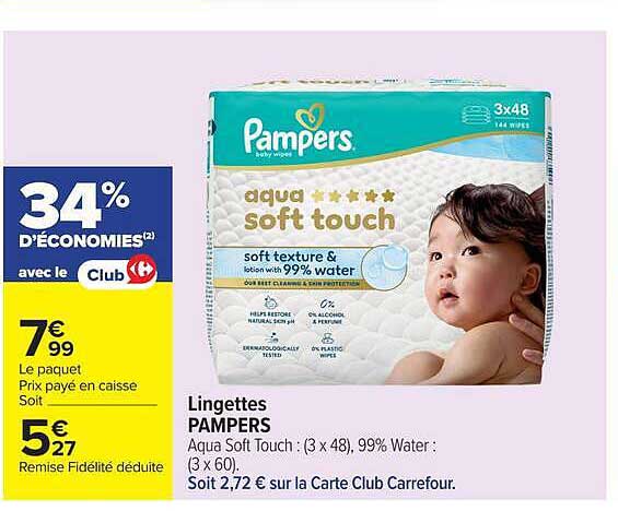 Lingettes PAMPERS Aqua Soft Touch : (3 x 48), 99% Water : (3 x 60). Soit 2,72 € sur la Carte Club Carrefour.
