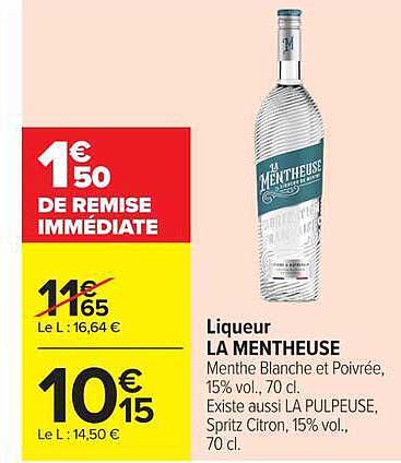Liqueur LA MENTHEUSE Menthe Blanche et Poivrée, 15% vol., 70 cl. Existe aussi LA PULPEUSE, Spritz Citron, 15% vol., 70 cl.