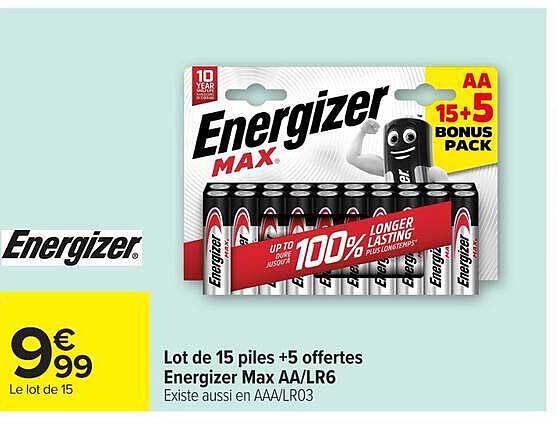 Lot de 15 piles +5 offertes Energizer Max AA/LR6
