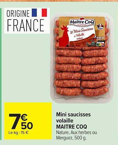 Mini saucisses volaille MAITRE COQ Nature, Aux herbes ou Merguez, 500 g.
