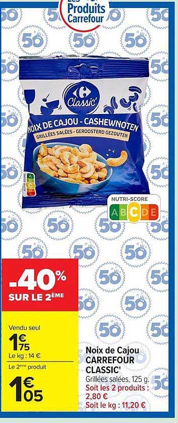 Noix de Cajou CARREFOUR CLASSIC' Grillées salées, 125 g.
