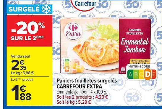 Paniers feuilletés surgelés CARREFOUR EXTRA Emmental/Jambon, 4 x 100 g