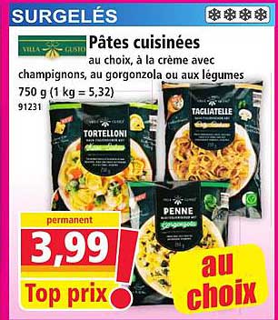 Pâtes cuisinées au choix, à la crème avec champignons, au gorgonzola ou aux légumes
