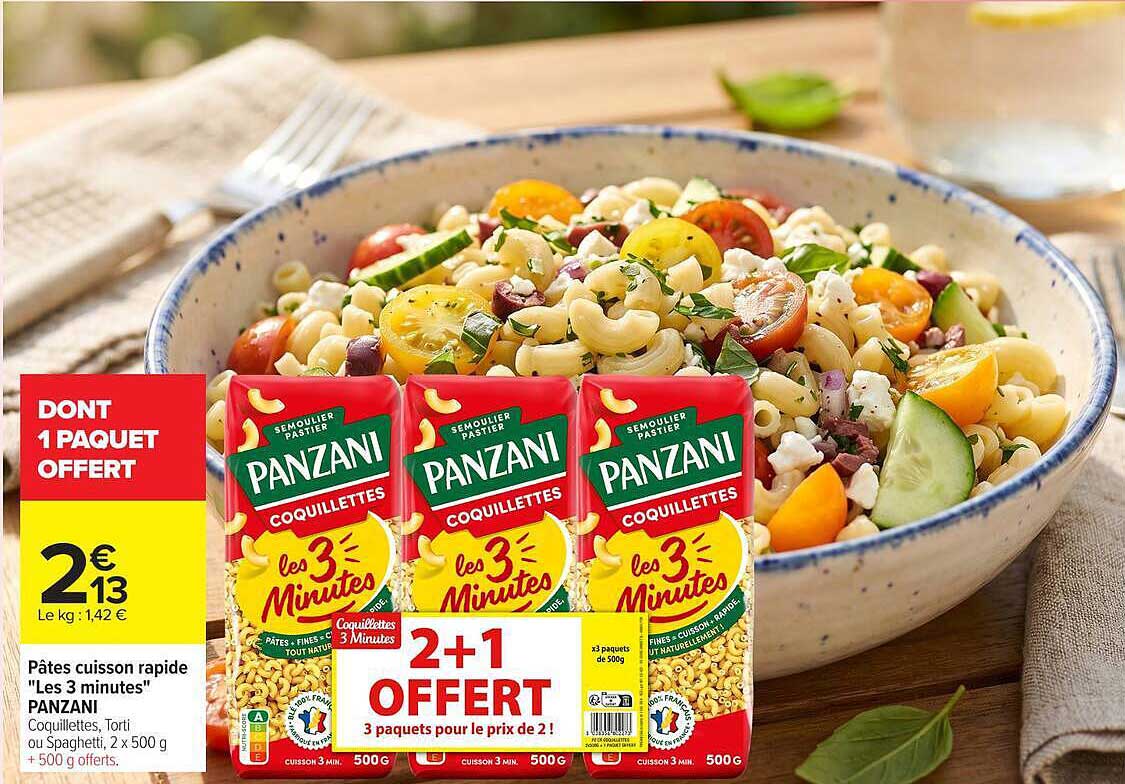 Pâtes cuisson rapide "Les 3 minutes" PANZANI Coquillettes, Torsi ou Spaghetti, 2 x 500 g + 500 g offerts