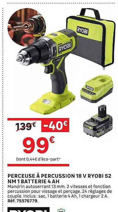 PERCEUSE À PERCUSSION 18 V RYOBI 52 MM 1 BATTERIE 4 AH