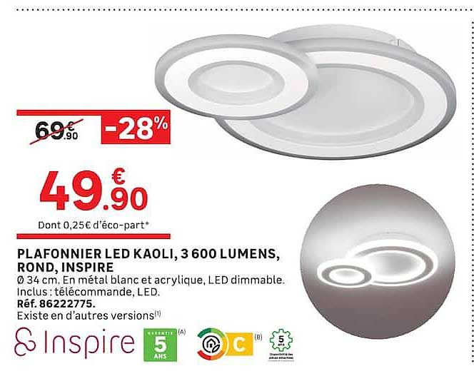 PLAFONNIER LED KAOLI, 3 600 LUMENS, ROND, INSPIRE