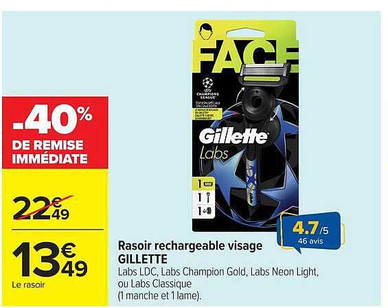 Rasoir rechargeable visage GILLETTE Labs LTD, Labs Champion Gold, Labs Neon Light, ou Labs Classique (1 manche et 1 lame).