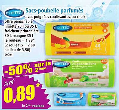 Sacs-poubelle parfumés avec poignées coulissantes, au choix: offre panachable limette 20 l ou 35 l, fraîcheur printanière 30 l, mangue 35 l le rouleau = 1,79* (2 rouleaux = 2,68 au lieu de 3,58)