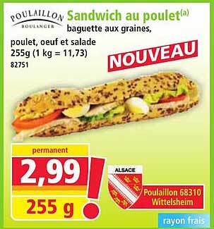 Sandwich au poulet baguette aux graines, poulet, oeuf et salade 255g (1 kg = 11,73) 82751