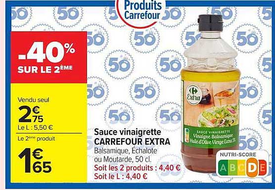 Sauce vinaigrette CARREFOUR EXTRA Balsamique, Échalote ou Moutarde, 50 cl.