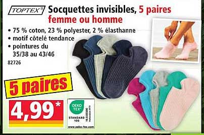 Socquettes invisibles, 5 paires femme ou homme