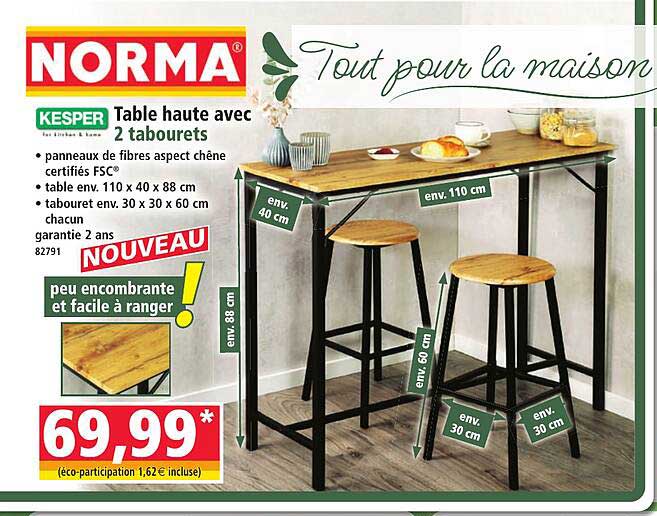 Table haute avec 2 tabourets