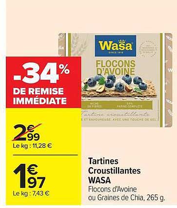 Tartines Croustillantes WASA Flocons d’Avoine ou Graines de Chia, 265 g.