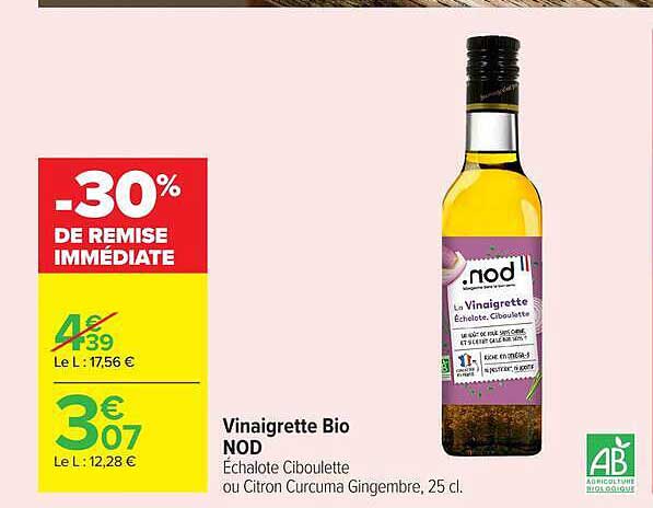 Vinaigrette Bio NOD Échalote Ciboulette ou Citron Curcuma Gingembre, 25 cl