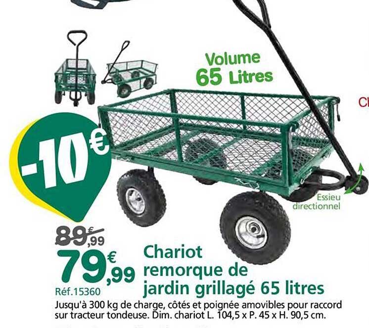 Chariot remorque de jardin grillagé 65 litres