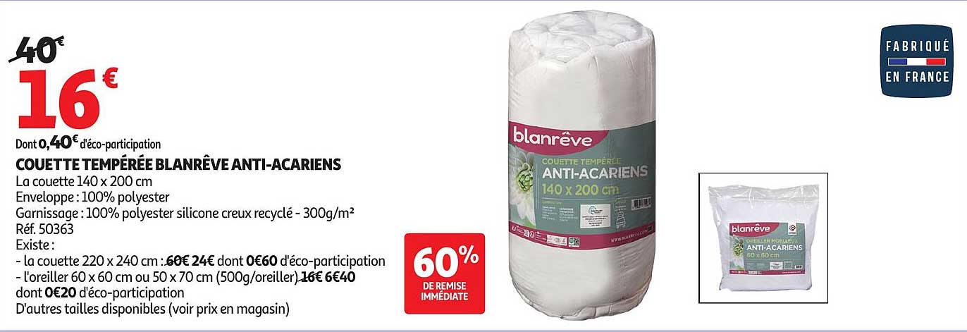 COUETTE TEMPÉRÉE BLANRÊVE ANTI-ACARIENS
