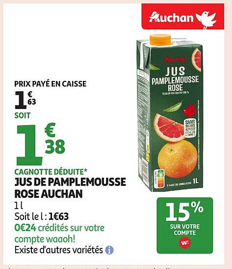 JUS DE PAMPLEMOUSSE ROSE AUCHAN