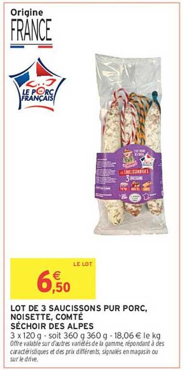 LOT DE 3 SAUCISSONS PUR PORC, NOISETTE, COMTÉ SÉCHOIR DES ALPES