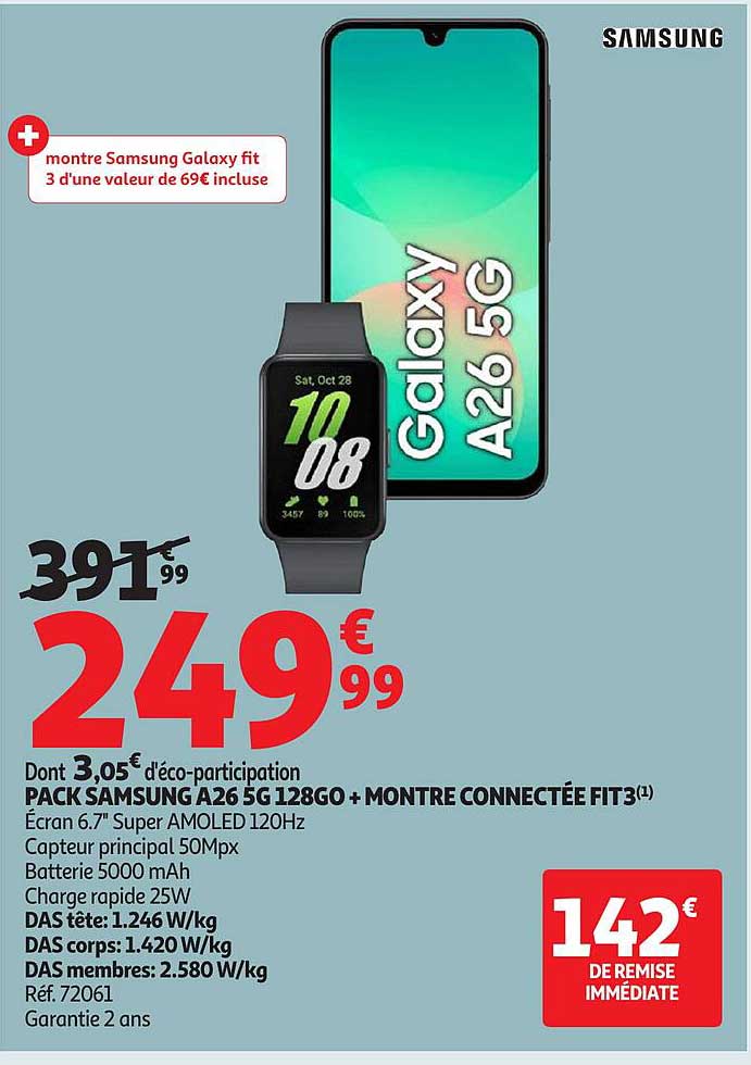 PACK SAMSUNG A26 5G 128GO + MONTRE CONNECTÉE FIT3