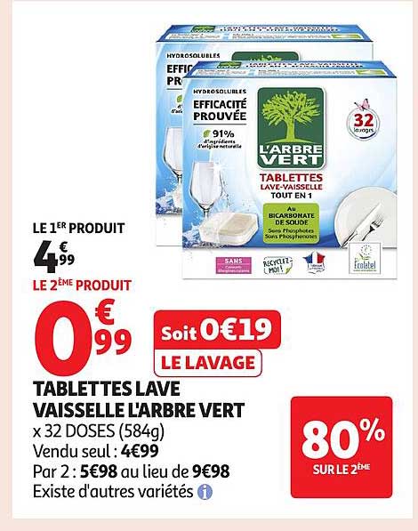 TABLETTES LAVE VAISSELLE L'ARBRE VERT x 32 DOSES (584g)
