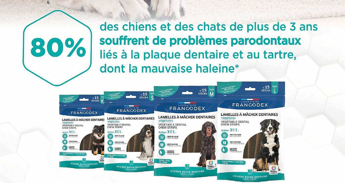 80% des chiens et des chats de plus de 3 ans souffrent de problèmes parodontaux liés à la plaque dentaire et au tartre, dont la mauvaise haleine*