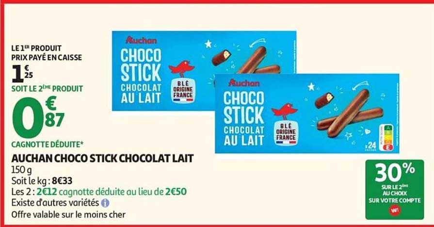 AUCHAN CHOCO STICK CHOCOLAT LAIT