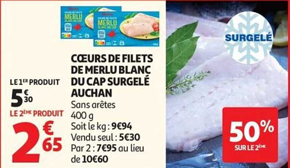 CŒURS DE FILETS DE MERLU BLANC DU CAP SURGELÉ AUCHAN