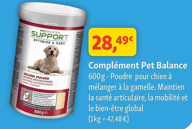 Complément Pet Balance 600 g - Poudre pour chien à mélanger à la gamelle. Maintien la santé articulaire, la mobilité et le bien-être global