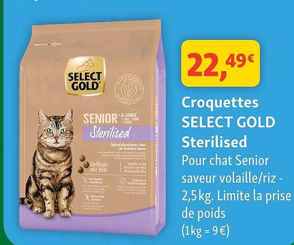 Croquettes SELECT GOLD Sterilised Pour chat Senior saveur volaille/riz - 2,5 kg. Limite la prise de poids (1kg = 9€)