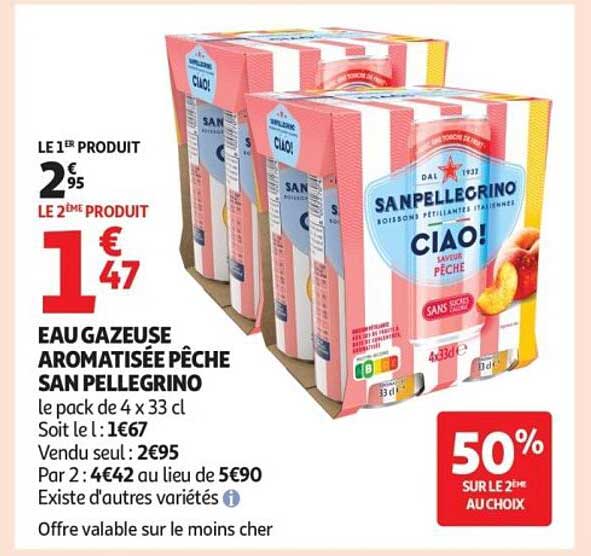 EAU GAZEUSE AROMATISÉE PÊCHE SAN PELLEGRINO le pack de 4 x 33 cl