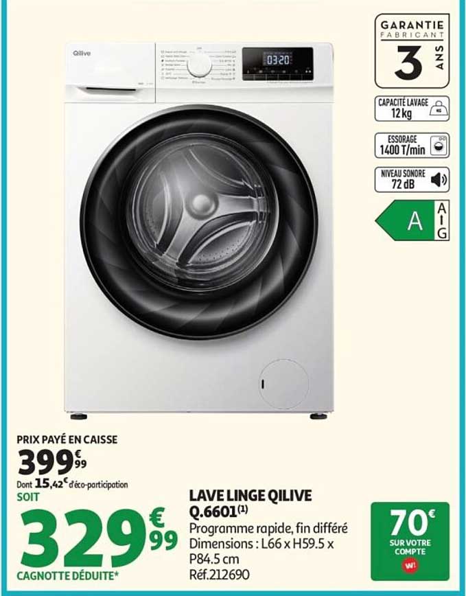 LAVE LINGE QILIVE Q.6601(1) Programme rapide, fin différé Dimensions : L66 x H59.5 x P84.5 cm Réf.212690