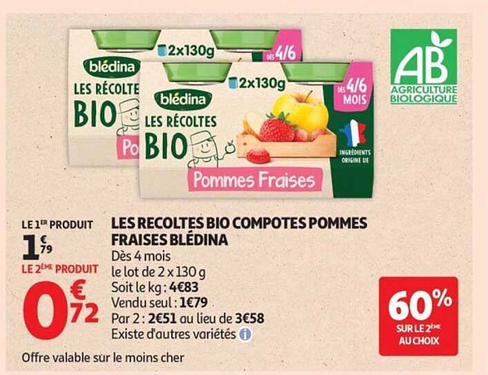 LES RECOLTES BIO COMPOTES POMMES FRAISES BLÉDINA
