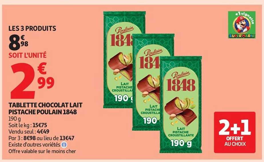 TABLETTE CHOCOLAT LAIT PISTACHE POULAIN 1848