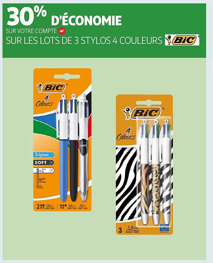 30% d'économie sur les lots de 3 stylos 4 couleurs BIC