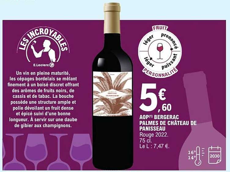 AOP(✪) BERGERAC PALMES DE CHÂTEAU DE PANISSEAU Rouge 2022