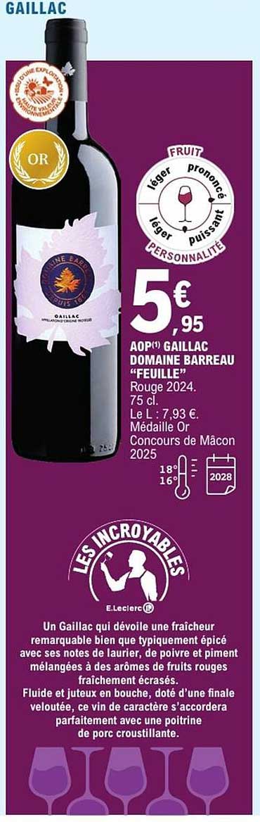 AOP(*) GAILLAC DOMAINE BARREAU "FEUILLE"