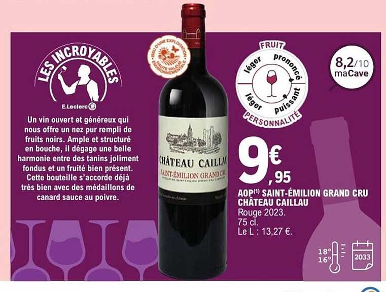 AOP(*) SAINT-ÉMILION GRAND CRU CHÂTEAU CAILLAU Rouge 2023