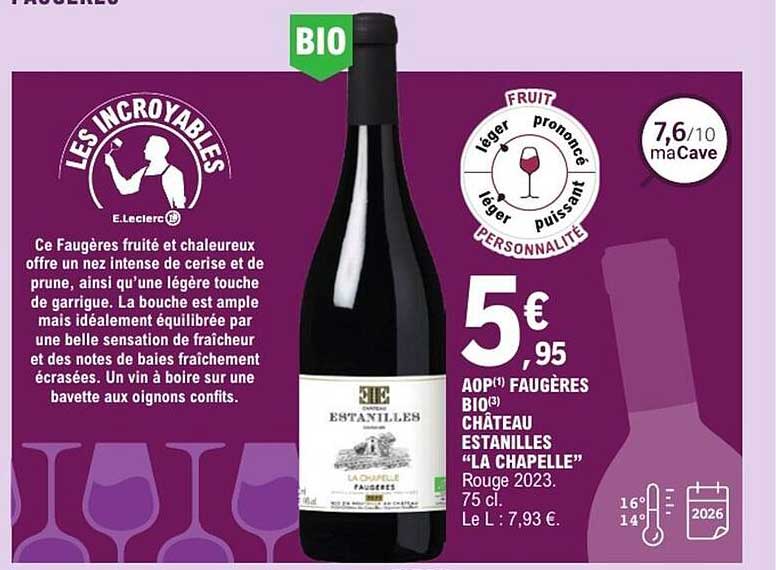 AOP(1) FAUGÈRES BIO(3) CHÂTEAU ESTANILLES "LA CHAPELLE" Rouge 2023.