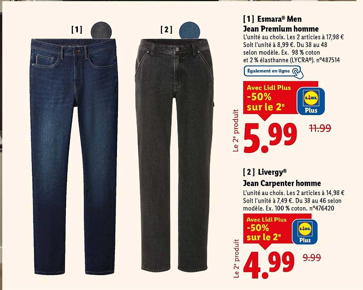 Esmara® Men Jean Premium homme et Livergy® Jean Carpenter homme
