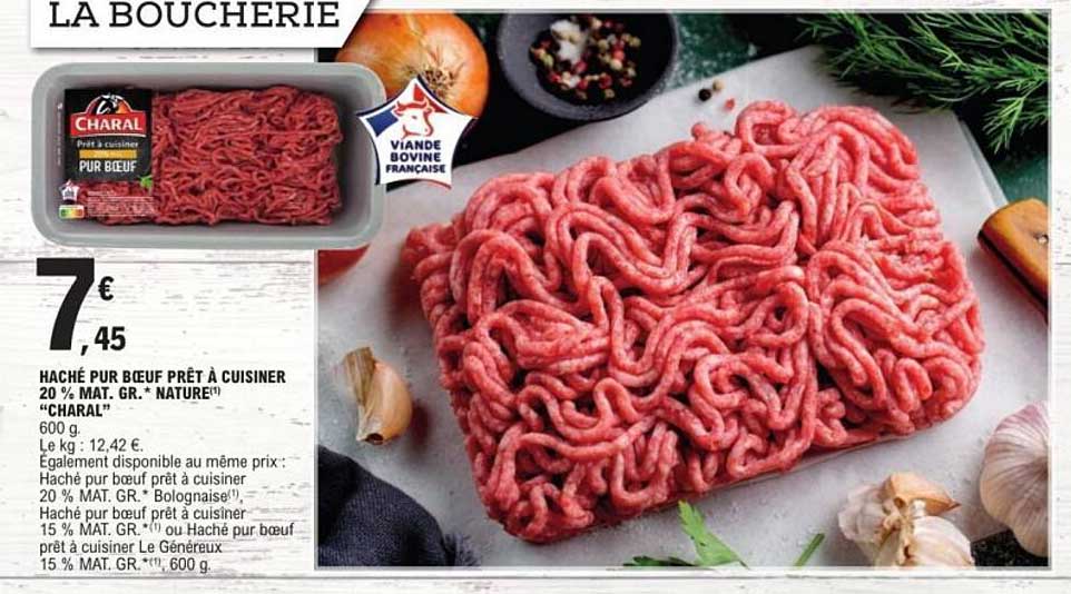 HACHÉ PUR BOEUF PRÊT À CUISINER 20 % MAT. GR.* NATURE