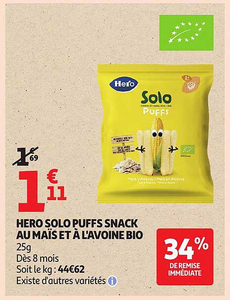 HERO SOLO PUFFS SNACK AU MAÏS ET À L'AVOINE BIO