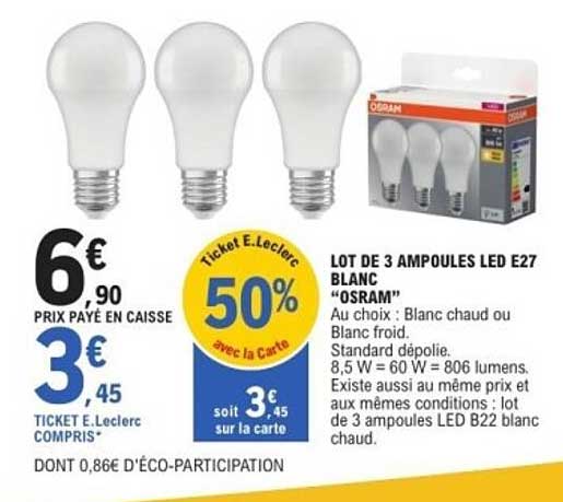 LOT DE 3 AMPOULES LED E27 BLANC “OSRAM”