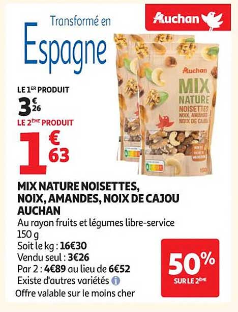 MIX NATURE NOISETTES, NOIX, AMANDES, NOIX DE CAJOU AUCHAN