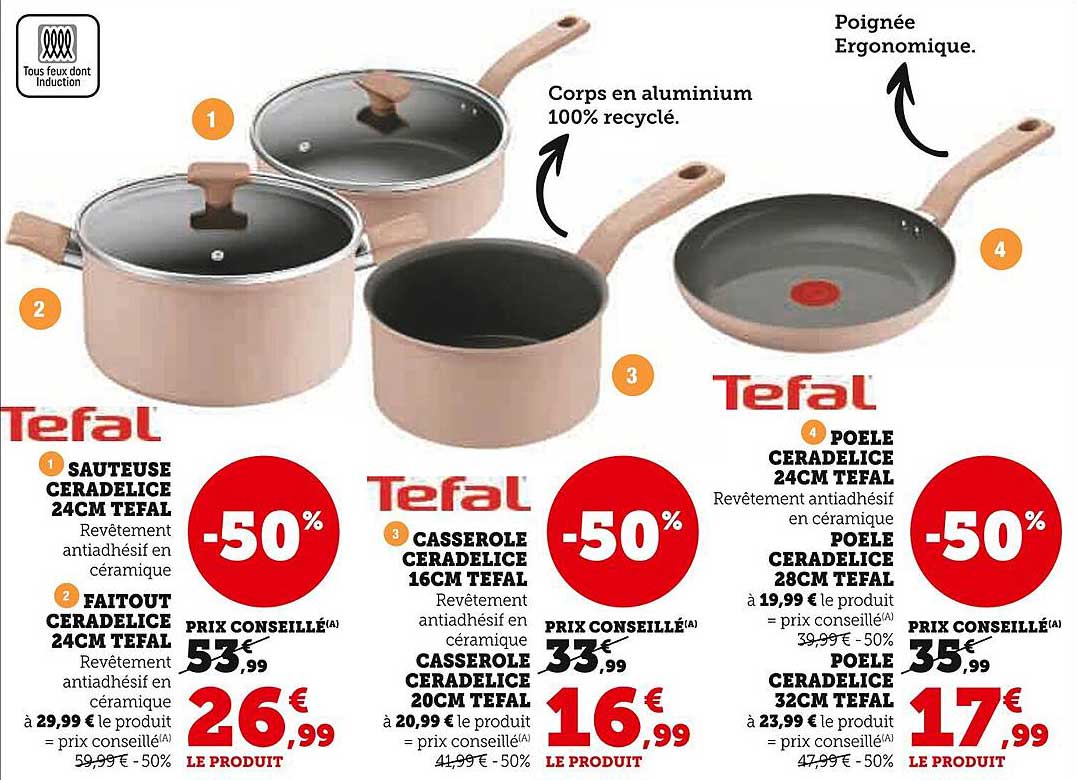 Sauterelle Céradalice 24CM Tefal, Faitout Céradalice 24CM Tefal, Casserole Céradalice 16CM Tefal, Poêle Céradalice 24CM Tefal