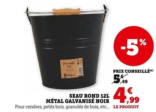 SEAU ROND 12L MÉTAL GALVANISÉ NOIR