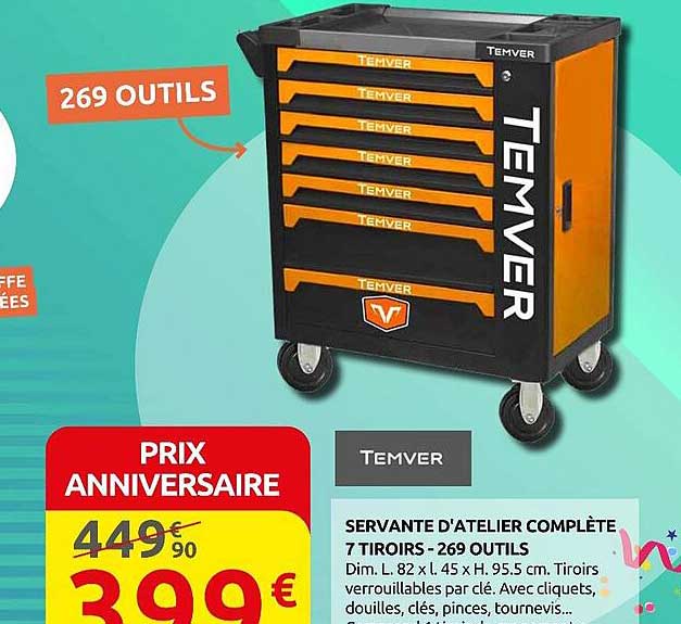 SERVANTE D'ATELIER COMPLÈTE 7 TIROIRS - 269 OUTILS
