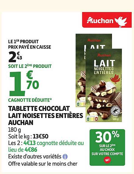 TABLETTE CHOCOLAT LAIT NOISETTES ENTIERES AUCHAN